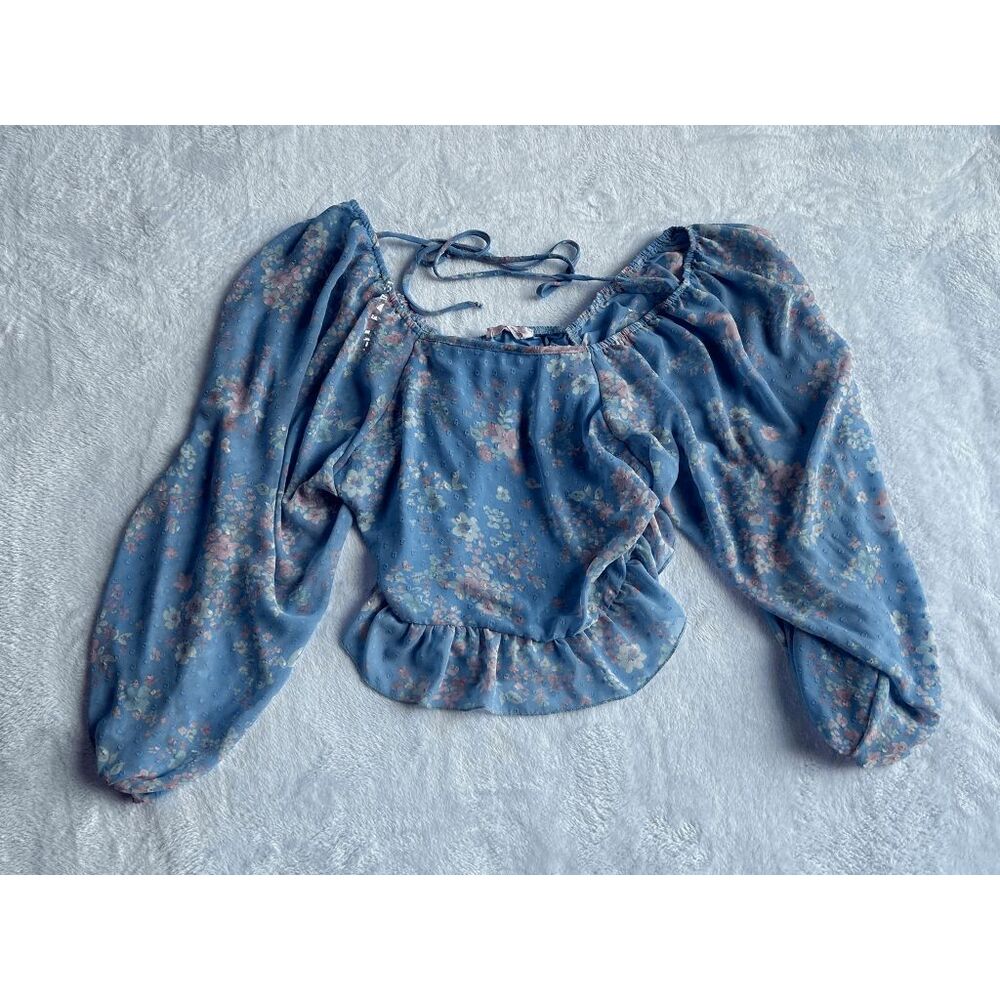 Pastel Blue Off The Shoulder Balloon Sleeve Blouse Size Small, Flowy, Delicate